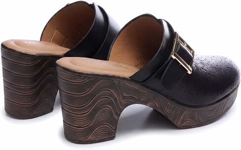 Mintzice Women's Hollow Out Low Block Chunky Heels Adjustable Buckle Slip On Wood Grain Open Back Mule Clogs in Saudi Arabia