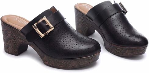 Mintzice Women's Hollow Out Low Block Chunky Heels Adjustable Buckle Slip On Wood Grain Open Back Mule Clogs in Saudi Arabia