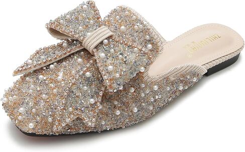 SANIOOOI Women's Pearl Rhinestone Bow Mules,Glitter Square Toe Slip on Flat Ladies Sparkly Baotou Clogs Slippers in Saudi Arabia