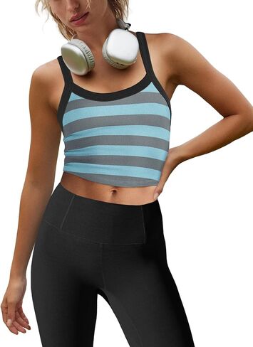 LAMISSCHE Cropped Tank Tops for Women Striped Spaghetti Strap Tank Top Workout Running Sports Bra Summer Ribbed Camisole in Saudi Arabia