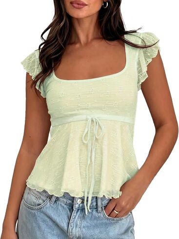BAIGRAM Women Floral Flowy Babydoll Peplum Tops Y2K Cap Sleeve Ruffle Tank Square Neck Lace Up Layered Crop Shirt Going Out in Saudi Arabia