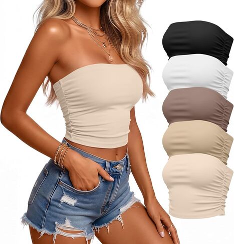 Huukeay 5 Pack Women's Tube Tops Strapless Crop Tops Bandeau Sleeveless Side Ruched Summer Going Out Stretchy Basic Clothes in Kuwait