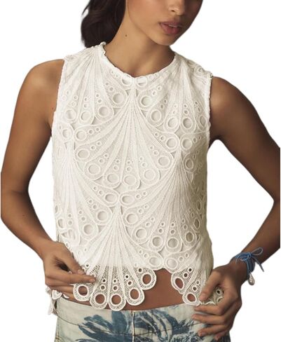 VAOYIU Summer Tops for Women Floral Embroidery Lace Tank Top Cropped Mesh Sheer Sleeveless Blouse Elegant Crewneck Shirts in Saudi Arabia
