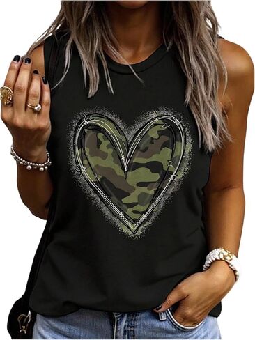 OYOANGLE Women's Camo Heart Print Going Out Top Sleeveless Tank Top Crewneck Casual Shirt in Kuwait