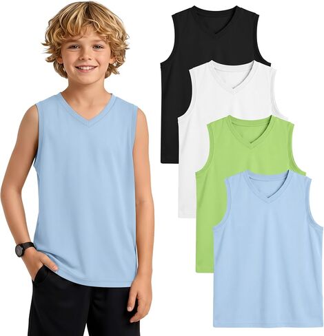 4 Pack Boys' Tank Tops V Neck Sleeveless Undershirts Athletic Basic Casual Summer Tank Shirts for Kids 5-14 Years in Saudi Arabia