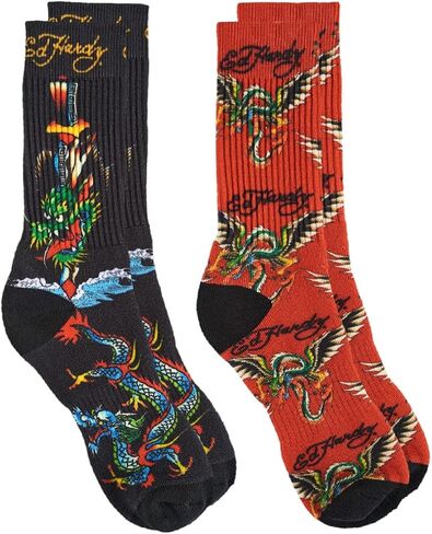 ED HARDY 2-Pairs Men's Tattoo Print Fashion Cushioned Crew Socks in Kuwait