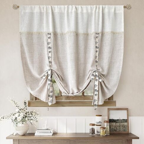 Tie Up Linen Curtains Privacy Rod Pocket Balloon Roman Shade for Bathroom Small Window 1 Panel Beige W51 x L39 Inch in Kuwait