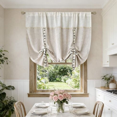 Tie Up Linen Curtains Privacy Rod Pocket Balloon Roman Shade for Bathroom Small Window 1 Panel Beige W51 x L39 Inch in Kuwait