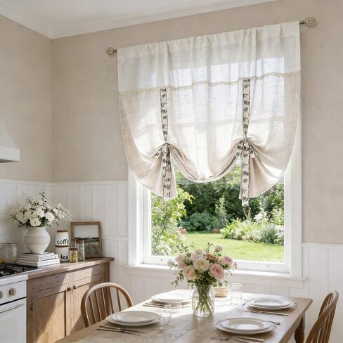 Tie Up Linen Curtains Privacy Rod Pocket Balloon Roman Shade for Bathroom Small Window 1 Panel Beige W51 x L39 Inch in Kuwait