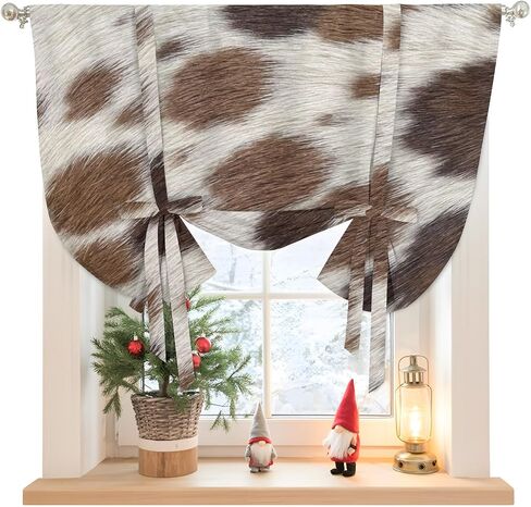 Farmhouse Cow Print Tie Up Curtains for Windows 54 Inch Length Balloon Curtains Kitchen Adjustable Balloon Window Shade Country Cowhide Fur Textured Brown Tie Up Bathroom Curtain Window 42"x54" in Saudi Arabia
