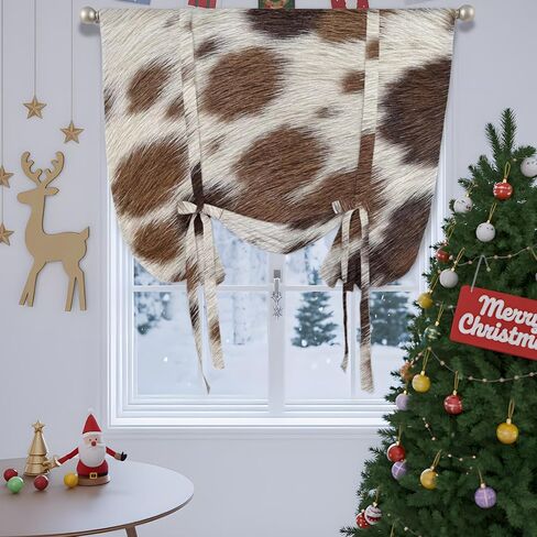 Farmhouse Cow Print Tie Up Curtains for Windows 54 Inch Length Balloon Curtains Kitchen Adjustable Balloon Window Shade Country Cowhide Fur Textured Brown Tie Up Bathroom Curtain Window 42"x54" in Saudi Arabia