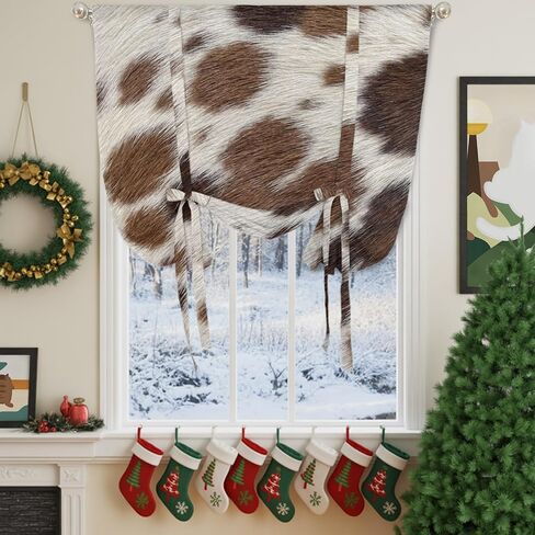 Farmhouse Cow Print Tie Up Curtains for Windows 54 Inch Length Balloon Curtains Kitchen Adjustable Balloon Window Shade Country Cowhide Fur Textured Brown Tie Up Bathroom Curtain Window 42"x54" in Saudi Arabia
