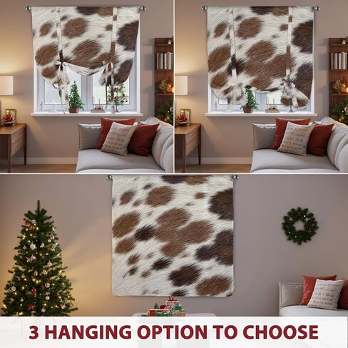 Farmhouse Cow Print Tie Up Curtains for Windows 54 Inch Length Balloon Curtains Kitchen Adjustable Balloon Window Shade Country Cowhide Fur Textured Brown Tie Up Bathroom Curtain Window 42"x54" in Saudi Arabia