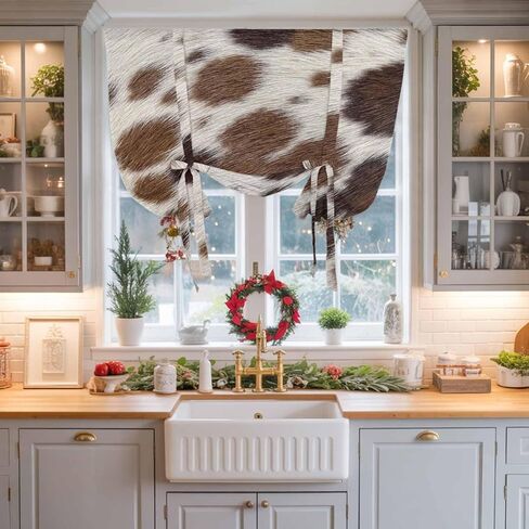 Farmhouse Cow Print Tie Up Curtains for Windows 54 Inch Length Balloon Curtains Kitchen Adjustable Balloon Window Shade Country Cowhide Fur Textured Brown Tie Up Bathroom Curtain Window 42"x54" in Saudi Arabia