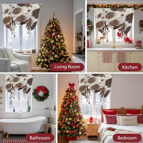 Farmhouse Cow Print Tie Up Curtains for Windows 54 Inch Length Balloon Curtains Kitchen Adjustable Balloon Window Shade Country Cowhide Fur Textured Brown Tie Up Bathroom Curtain Window 42"x54" in Saudi Arabia
