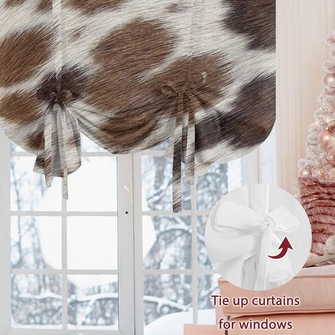 Farmhouse Cow Print Tie Up Curtains for Windows 54 Inch Length Balloon Curtains Kitchen Adjustable Balloon Window Shade Country Cowhide Fur Textured Brown Tie Up Bathroom Curtain Window 42"x54" in Saudi Arabia