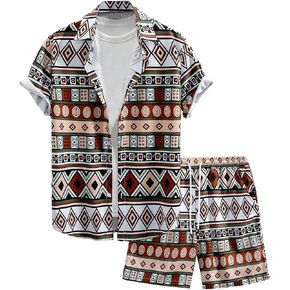 WDIRARA Men's 2 Piece Outfits Boho Geometric Short Sleeve Button Shirt and Shorts Set in Kuwait
