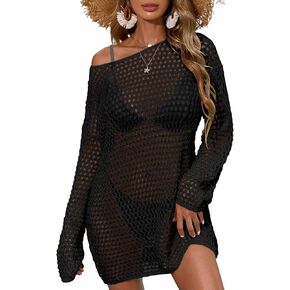 BreathSunny Womens Crochet Knit Hollow Out Long Sleeve Dress Beach Cover Up Summer 2025 Bathing Suit Coverups Dresses in Kuwait