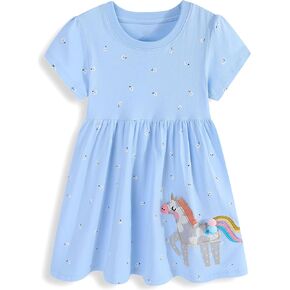 Hongshilian Girls Spring Summer Dress Toddler Girls Cotton Casual Dress Cute Cartoon Appliques Short Sleeve Playwear 2-8Y in Saudi Arabia