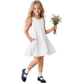 Girls' Dress 5-14Y Summer Sleeveless Solid Dress Crew Neck Tank Teen Loose Beach Sundress Youth Casual with Pockets in Kuwait