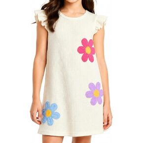 Girls Waffle Knit Dresses Retro Daisy Flutter Sleeve Sundress Summer Beach Shift Dress in Saudi Arabia