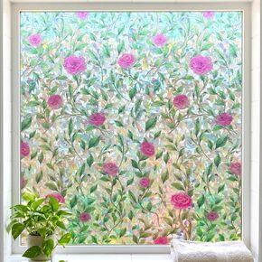 Window Privacy Film Rose Leaf Rainbow Stained Glass Door Clings Anti-UV Heat Control Static Cling Non-Adhesive Decorative Windows Tint for Home Bathroom Office Car Decorations,17.5"x78.7" in Saudi Arabia