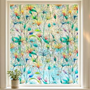3D Rainbow Floral Window Privacy Film Stained Glass Door Decals Cling White Mangnolia Decorative Static Cling Tint Covers Decals Heat Control UV Blocking Reusble for Home Office Car,17.5"x78.7" in Saudi Arabia