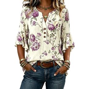Women's Vintage Floral Print Top Notch Neck Ruffle Sleeve Cotton Casual Blouse in Saudi Arabia