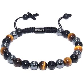 HASKARE Triple Protection Beaded Bracelet for Men, Tiger Eye Black Obsidian Hematite Natural Crystal Handmade Cross Adjustable Healing Stress Relief Bracelet, Spiritual Gift Dad Son Him Fathers Day in Saudi Arabia