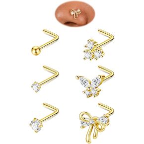6PCS 20G Titanium Nose Rings Studs for Women L Shaped Nose Studs Hypoallergenic Cubic Zirconia Butterfly Bow Nose Piercings Jewelry 7mm in Kuwait