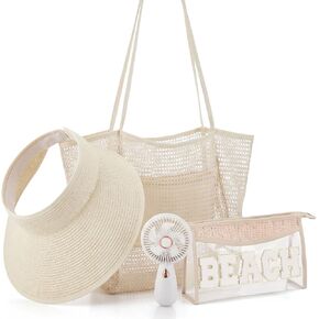 Hsei 4 Pcs Beach Gifts Set for Women Beach Tote Bag, Sun Hats, Makeup Bags, Handheld Fan Beaches Essentials for Summer Travel in Kuwait