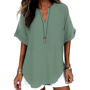 Cotton Linen Tops Casual Short Sleeve Crew V Neck Blouse Shirt Loose Fit Breathable Summer Tee for Womens in Saudi Arabia