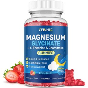 Magnesium Glycinate Gummies 500mg with L-Theanine & Chamomile for Calm, Sleep, Stress Relief, Sugar Free, Vegan, Non-GMO - Strawberry Flavor, 60 Count in Saudi Arabia