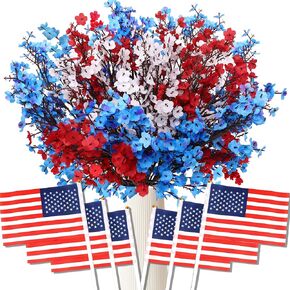 10 Pcs 4th of July Artificial Babys Breath Flowers, 6 Pcs Small American Flags, Red White and Blue Patriotic Fake Silk Flowers for Independence Day Home Decor Floral Arrangement Table Centerpieces in Saudi Arabia