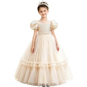 Girls Puff Sleeve Flower Girl Dress Sequin Tulle Princess Dresses Pearl Belt Wedding Party Birthday Ball Gown in Saudi Arabia