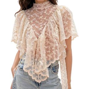 Women's Sheer Lace Blouse High Neck Ruffle Sleeve Floral Embroidered Irregular Hem Vintage See Through Boho Sheer Tops in Saudi Arabia
