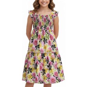 Floral Girls Dresses Square Neck Ruffle Sleeve Smocked Boho Tiered Flowy Dress in Saudi Arabia