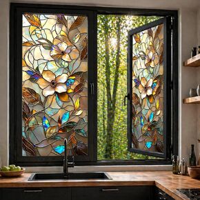 Removable Reusable Window Privacy Film 17.5 x 39.4 Inches, Static Cling No Glue No Residue, Amber Floral Mosaic Stained Glass Design, Daytime Privacy, Easy Trim and Apply, Fits Curved Glass in Saudi Arabia