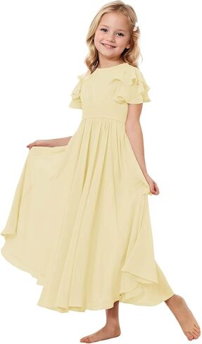 Junior Bridesmaid Dress Chiffon Flower Girl Dresses Short Ruffles Sleeve Party Pageant Communion Dress for Girls in Kuwait