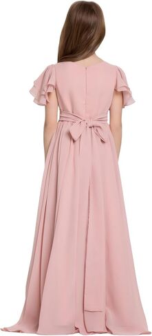 Junior Bridesmaid Dress Chiffon Flower Girl Dresses Short Ruffles Sleeve Party Pageant Communion Dress for Girls in Kuwait