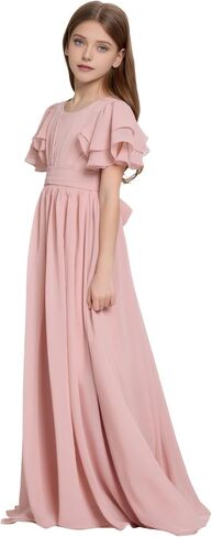 Junior Bridesmaid Dress Chiffon Flower Girl Dresses Short Ruffles Sleeve Party Pageant Communion Dress for Girls in Kuwait