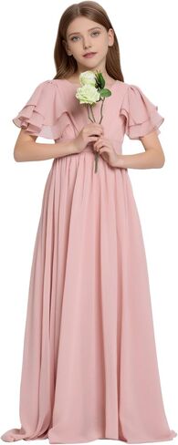Junior Bridesmaid Dress Chiffon Flower Girl Dresses Short Ruffles Sleeve Party Pageant Communion Dress for Girls in Kuwait