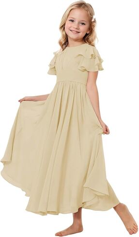 Junior Bridesmaid Dress Chiffon Flower Girl Dresses Short Ruffles Sleeve Party Pageant Communion Dress for Girls in Kuwait
