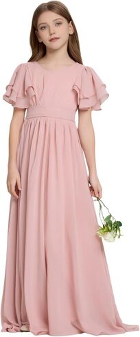 Junior Bridesmaid Dress Chiffon Flower Girl Dresses Short Ruffles Sleeve Party Pageant Communion Dress for Girls in Kuwait