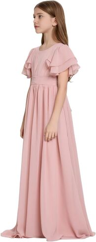 Junior Bridesmaid Dress Chiffon Flower Girl Dresses Short Ruffles Sleeve Party Pageant Communion Dress for Girls in Kuwait