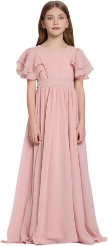 Junior Bridesmaid Dress Chiffon Flower Girl Dresses Short Ruffles Sleeve Party Pageant Communion Dress for Girls in Kuwait