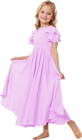 Junior Bridesmaid Dress Chiffon Flower Girl Dresses Short Ruffles Sleeve Party Pageant Communion Dress for Girls in Kuwait