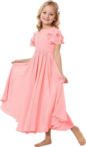 Junior Bridesmaid Dress Chiffon Flower Girl Dresses Short Ruffles Sleeve Party Pageant Communion Dress for Girls in Kuwait