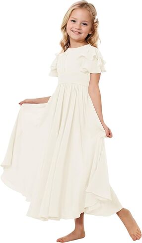 Junior Bridesmaid Dress Chiffon Flower Girl Dresses Short Ruffles Sleeve Party Pageant Communion Dress for Girls in Kuwait