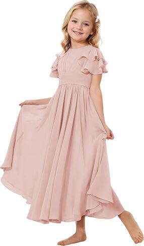 Junior Bridesmaid Dress Chiffon Flower Girl Dresses Short Ruffles Sleeve Party Pageant Communion Dress for Girls in Kuwait